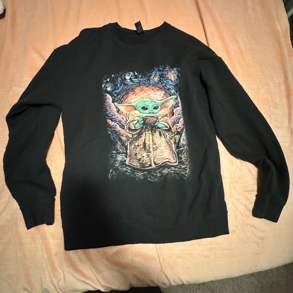 Black Graphic Crewneck Sweatshirt Green Alien Baby Art Print Size M Tultex